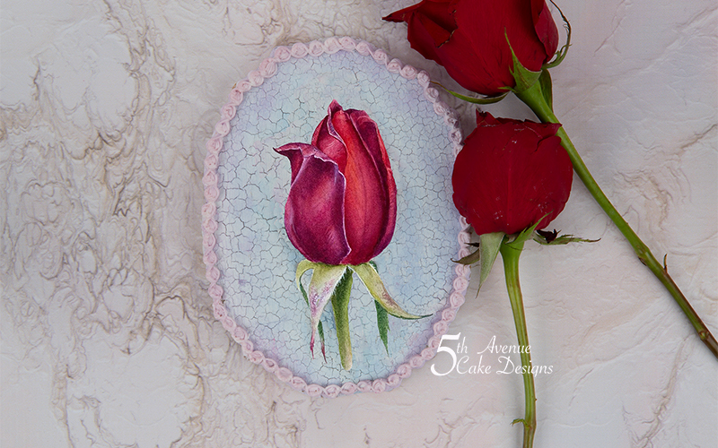 Dimensional Red Rosebud with Cracked Glazed Background Cookie Art Course๐๐น๐